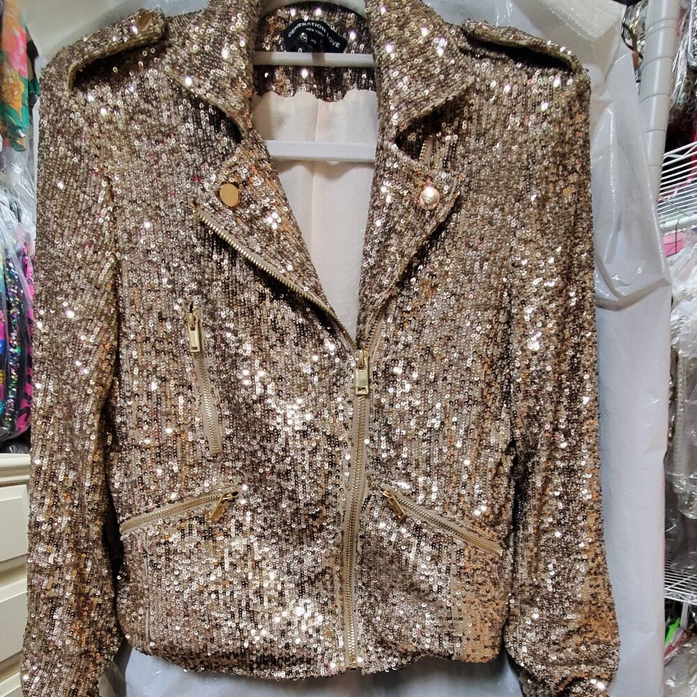 GENERATION LOVE ROBIN SEQUIN MOTO JACKET PALE GOLD XS